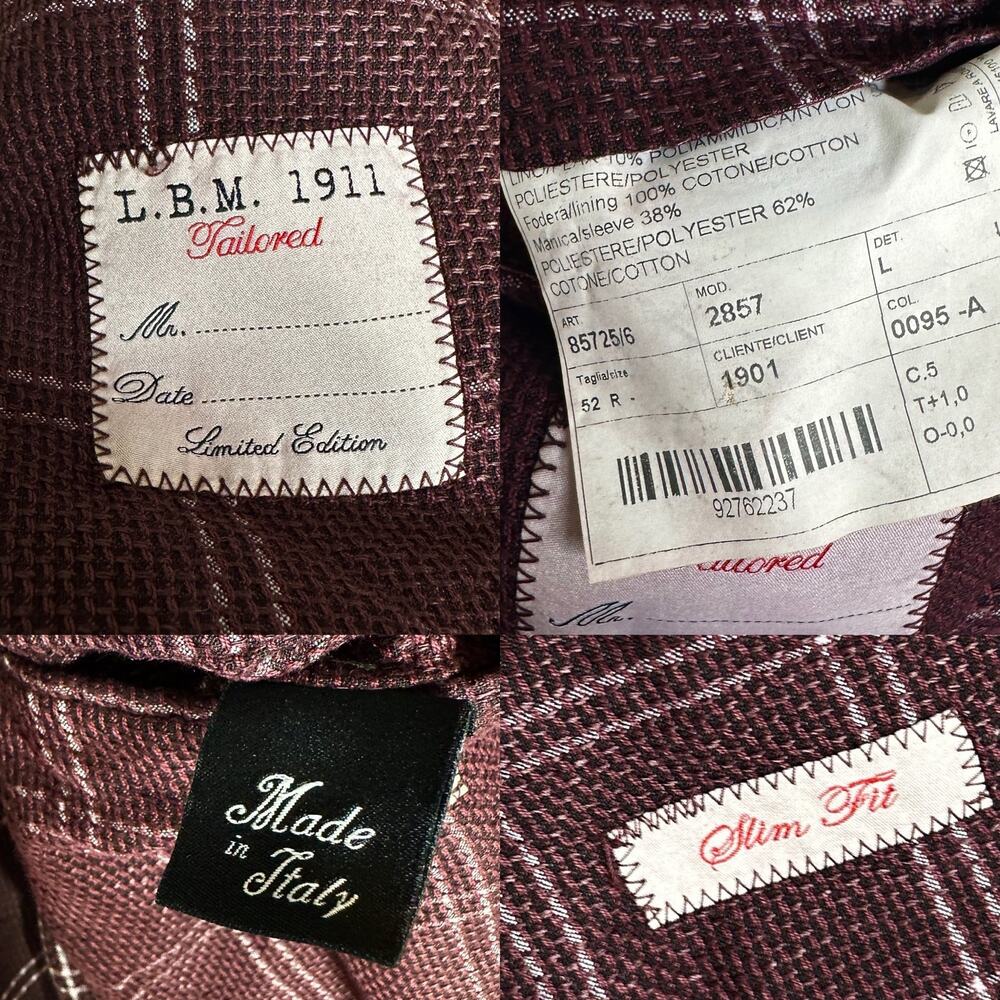 L.B.M. 1911 Tailored Burgundy Red Windowpane Blazer Jacket Size 52R - Picture 7 of 12